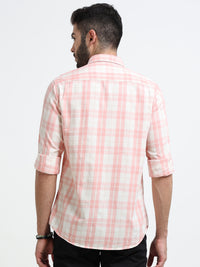 Peach Checks Slim Fit Cotton Casual Shirts