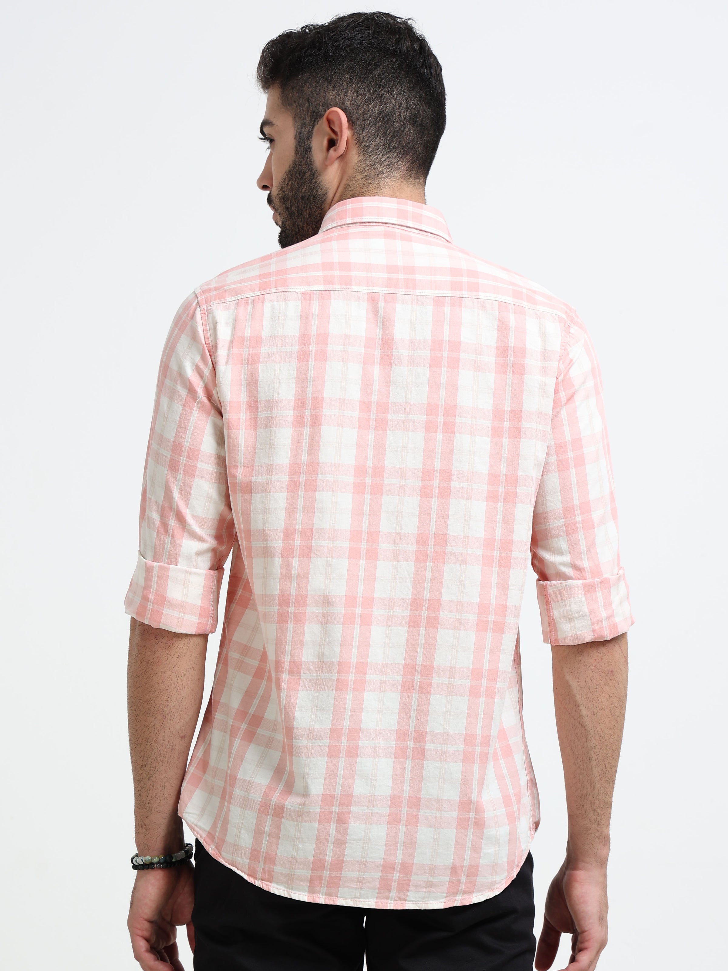 Peach Checks Slim Fit Cotton Casual Shirts