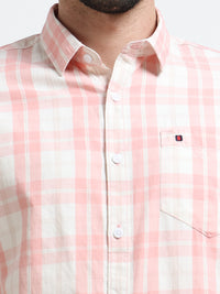 Peach Checks Slim Fit Cotton Casual Shirts