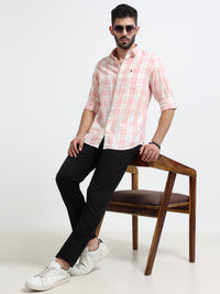Peach Checks Slim Fit Cotton Casual Shirts