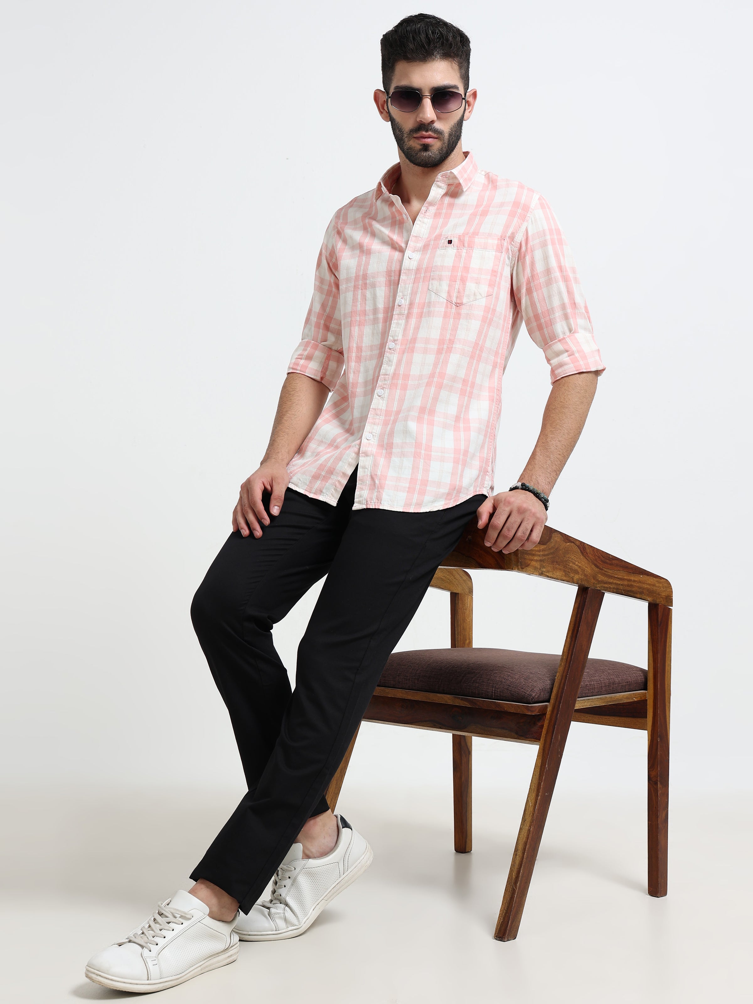 Peach Checks Slim Fit Cotton Casual Shirts
