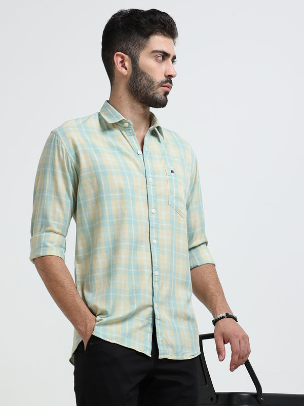 Green Checks Slim Fit Cotton Casual Shirts