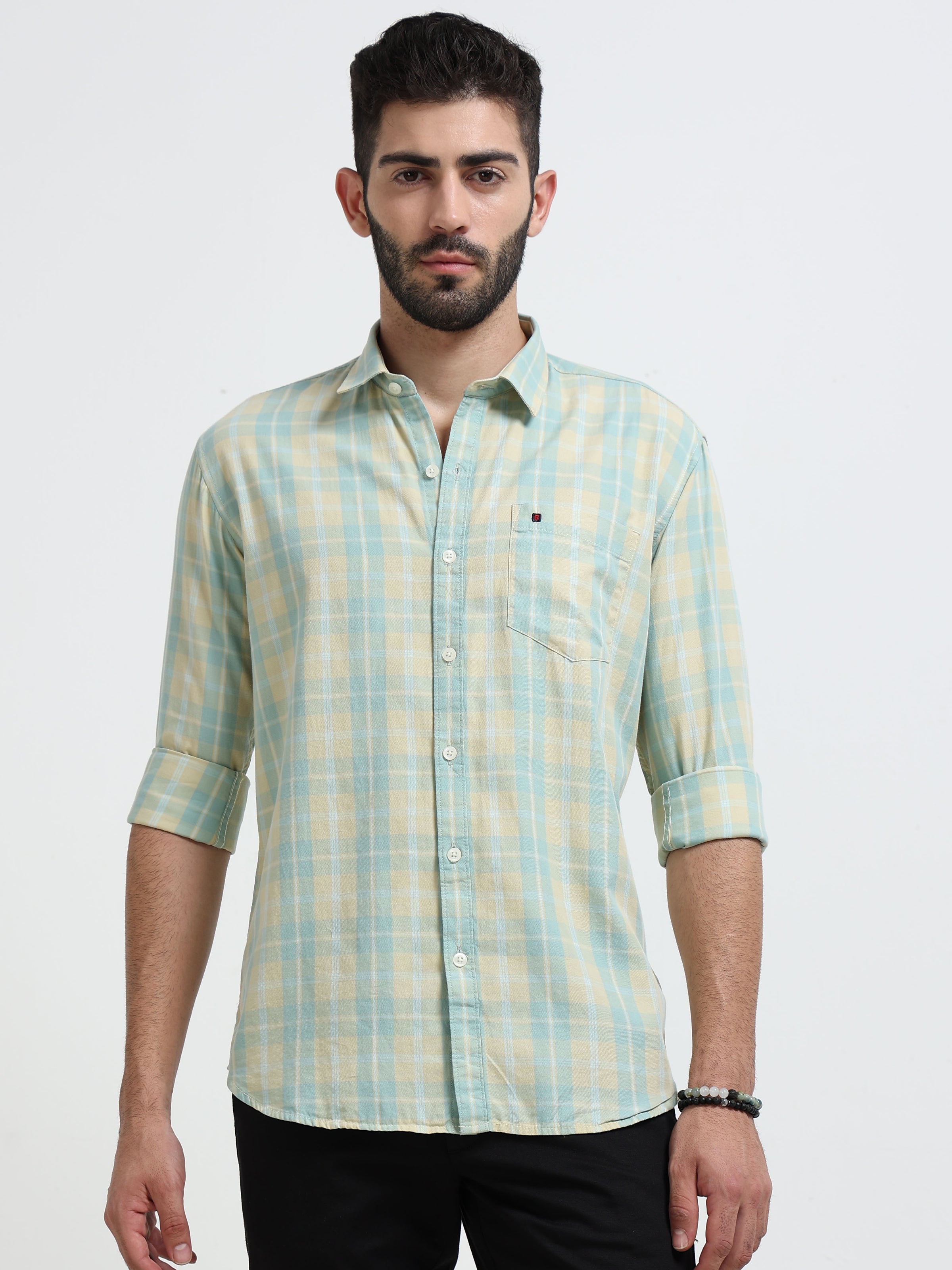 Green Checks Slim Fit Cotton Casual Shirts