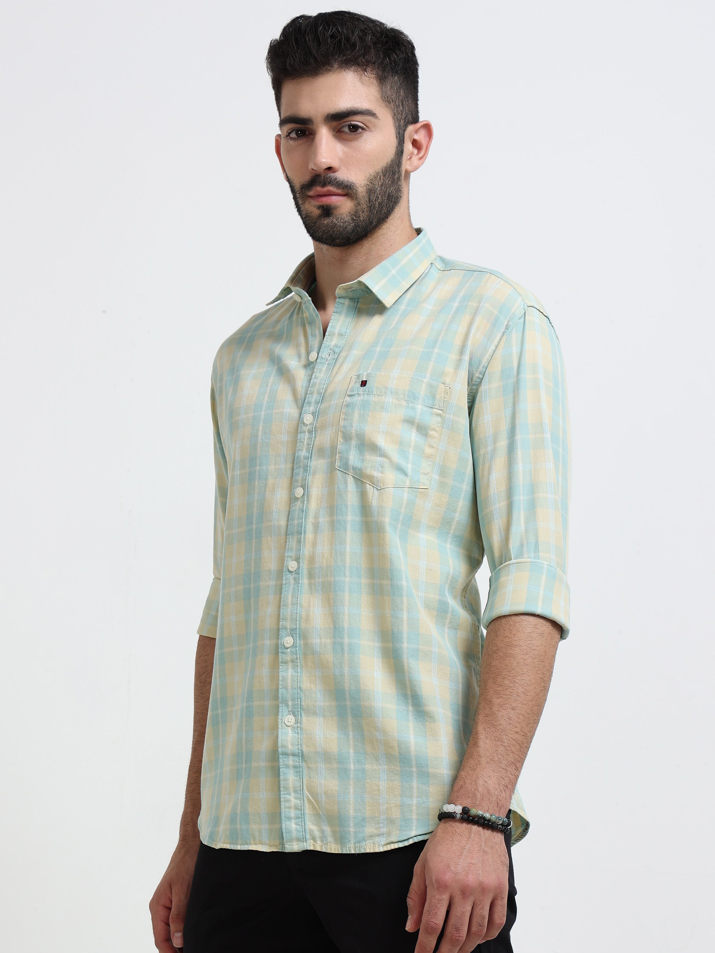 Green Checks Slim Fit Cotton Casual Shirts