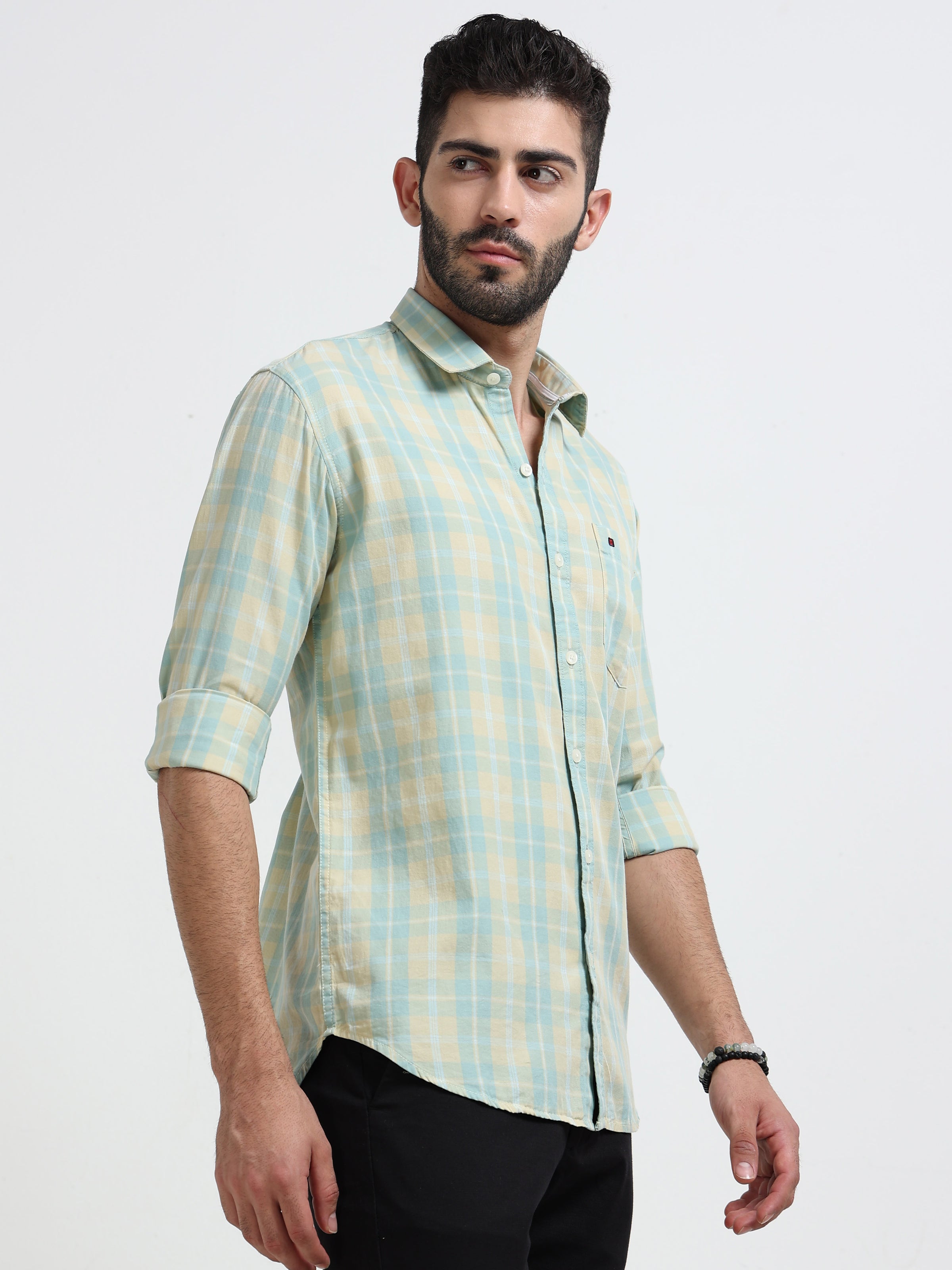 Green Checks Slim Fit Cotton Casual Shirts