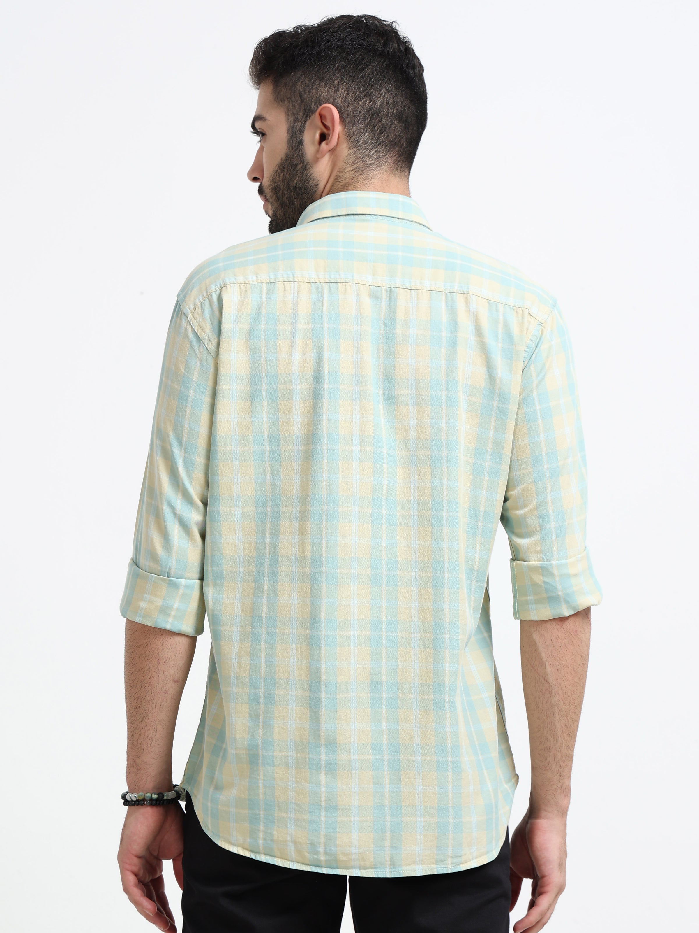 Green Checks Slim Fit Cotton Casual Shirts