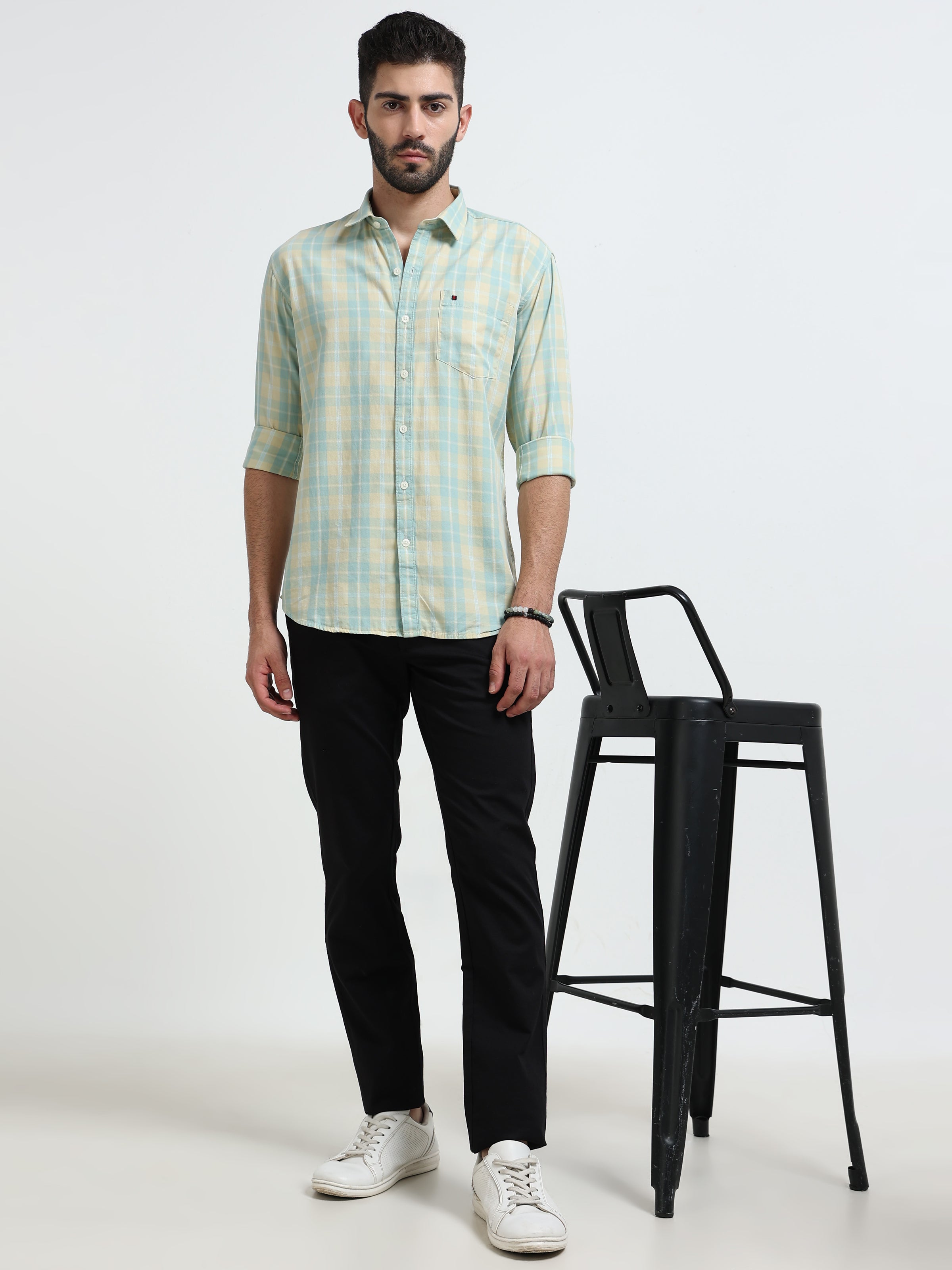 Green Checks Slim Fit Cotton Casual Shirts