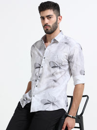 White Abstract floral print Slim Fit Cotton Casual Shirts