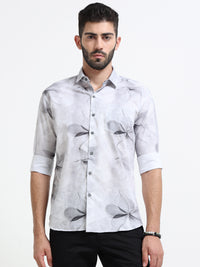 White Abstract floral print Slim Fit Cotton Casual Shirts