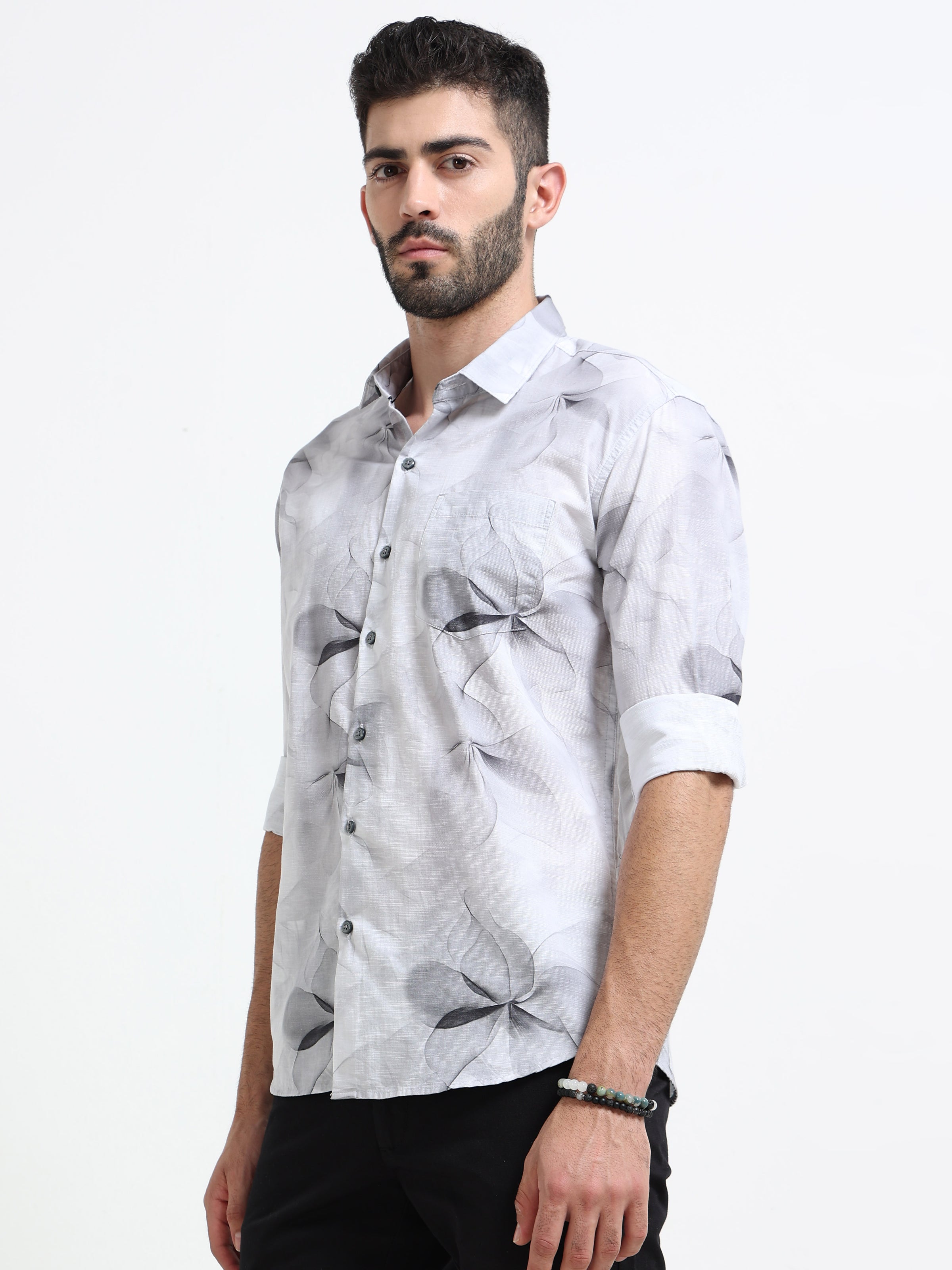 White Abstract floral print Slim Fit Cotton Casual Shirts