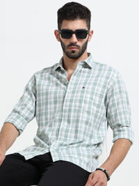 Light Green Checked Slim Fit Casual Shirts