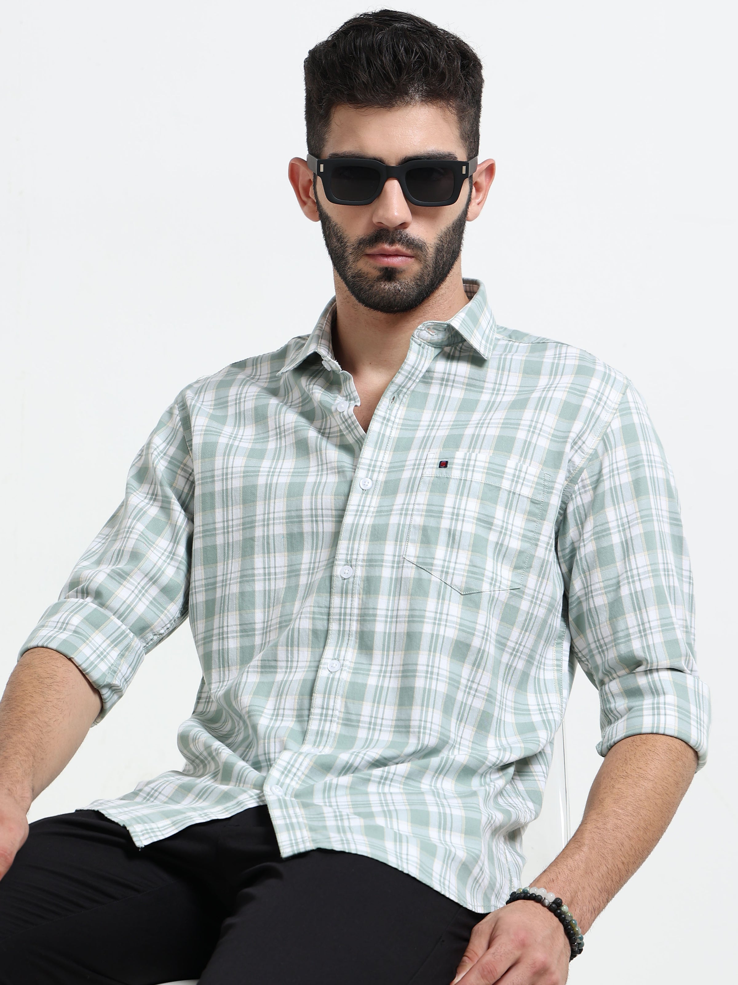 Light Green Checked Slim Fit Casual Shirts