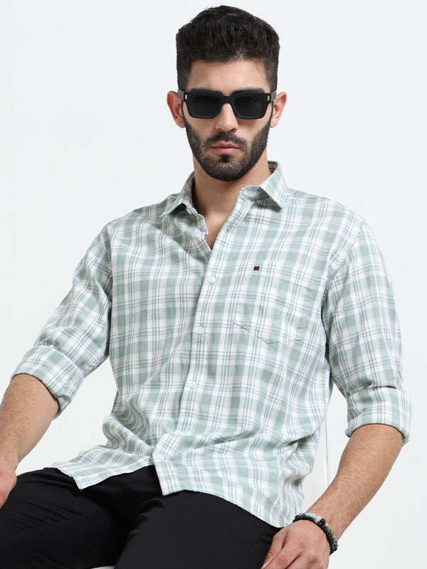 Light Green Checked Slim Fit Casual Shirts