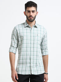 Light Green Checked Slim Fit Casual Shirts