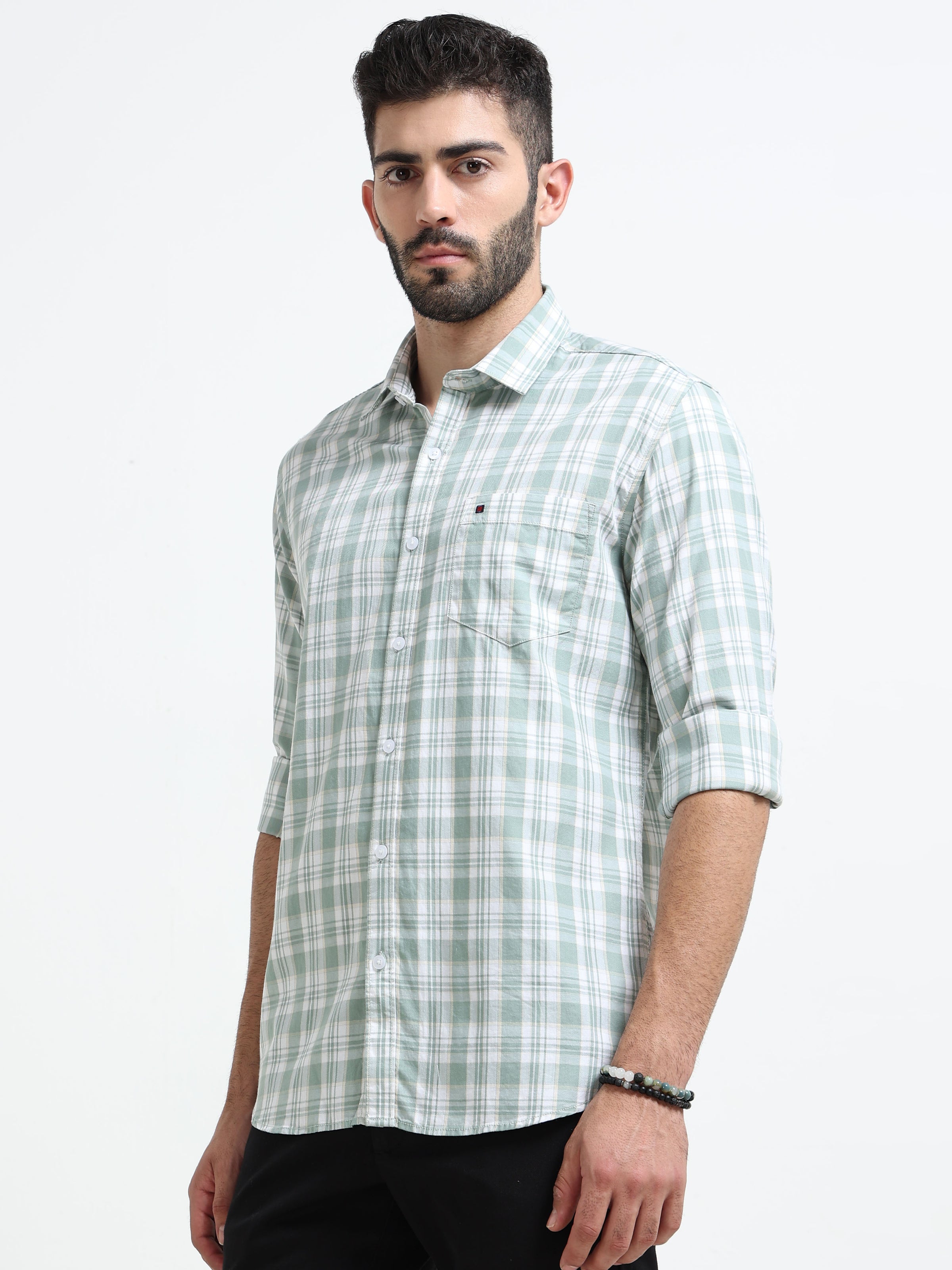 Light Green Checked Slim Fit Casual Shirts
