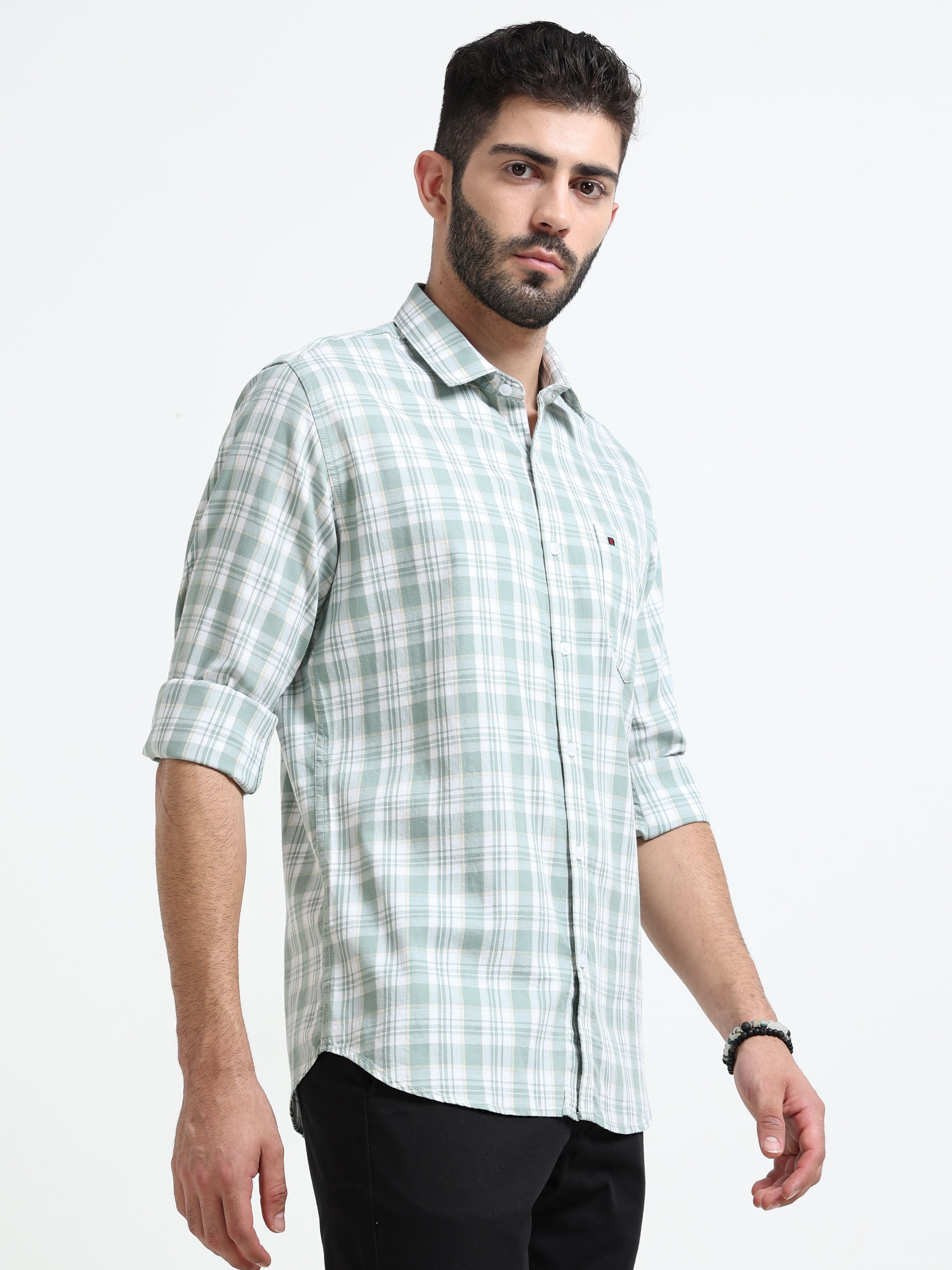 Light Green Checked Slim Fit Casual Shirts