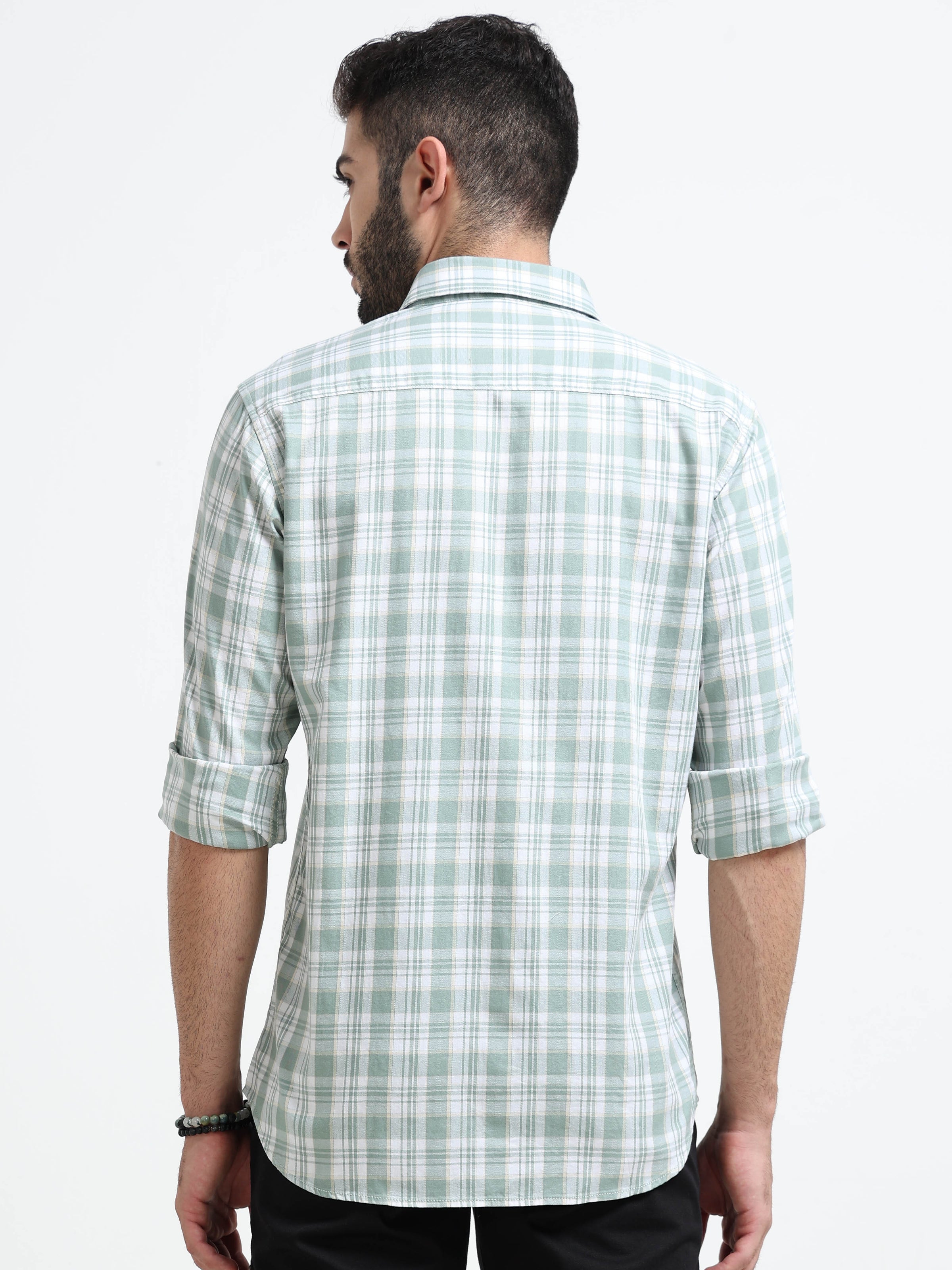 Light Green Checked Slim Fit Casual Shirts