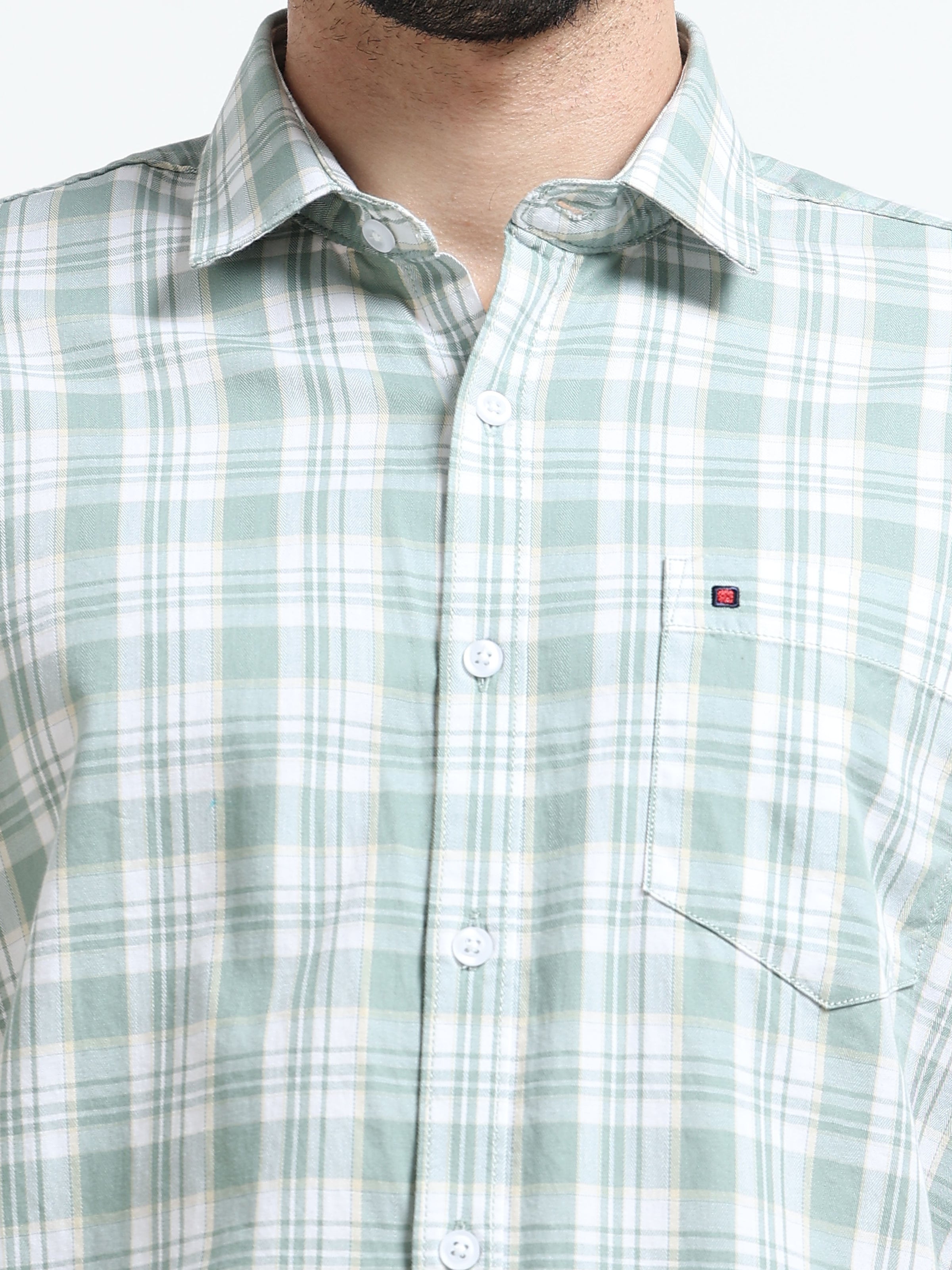 Light Green Checked Slim Fit Casual Shirts
