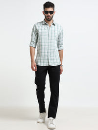 Light Green Checked Slim Fit Casual Shirts