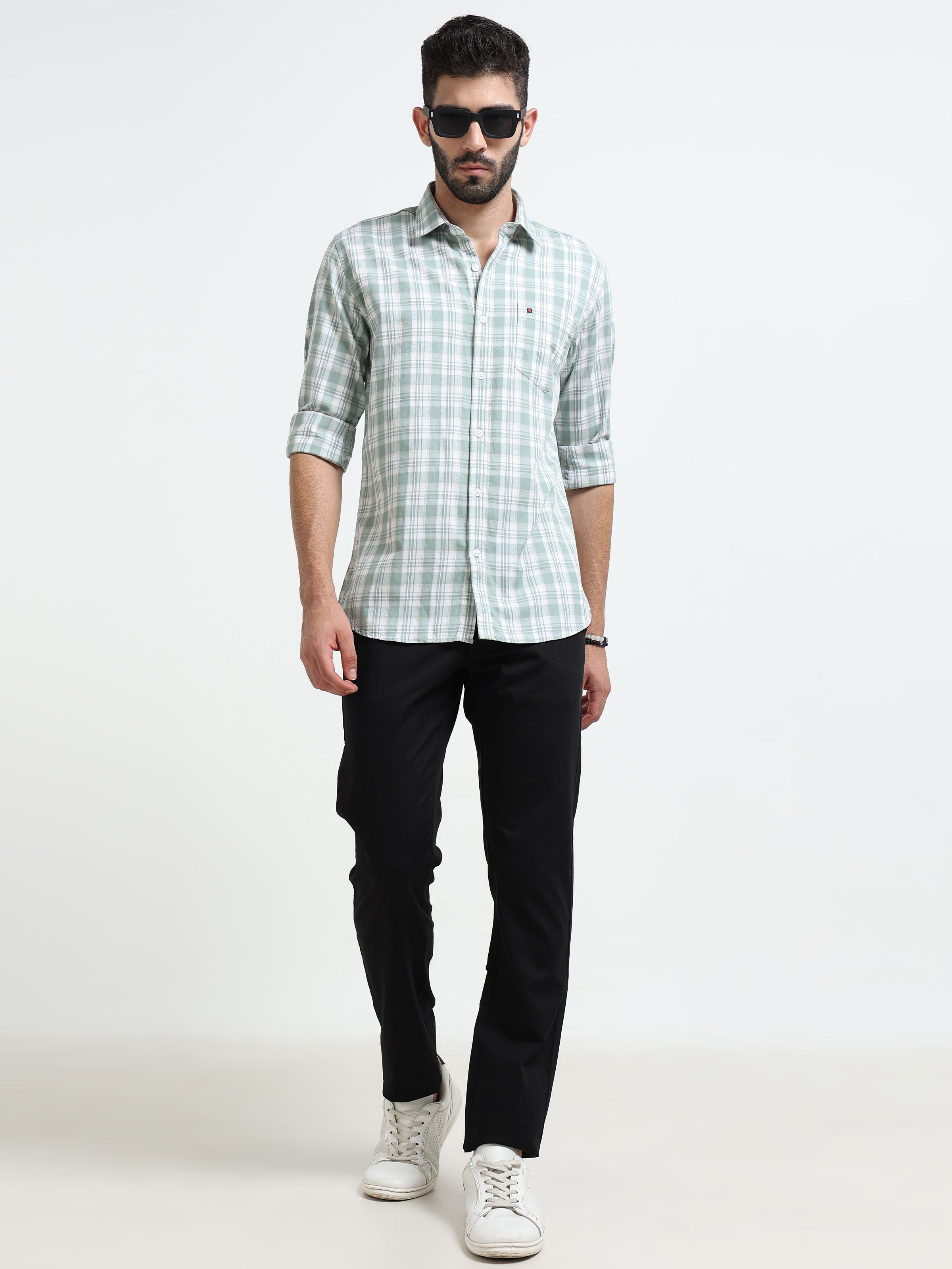 Light Green Checked Slim Fit Casual Shirts