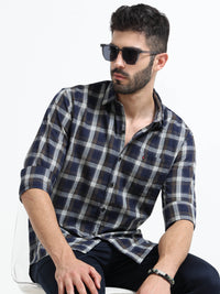 Navy Checks Slim Fit Cotton Casual Shirts
