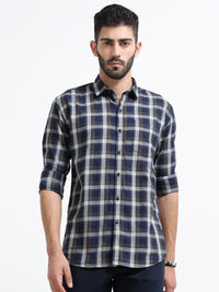 Navy Checks Slim Fit Cotton Casual Shirts
