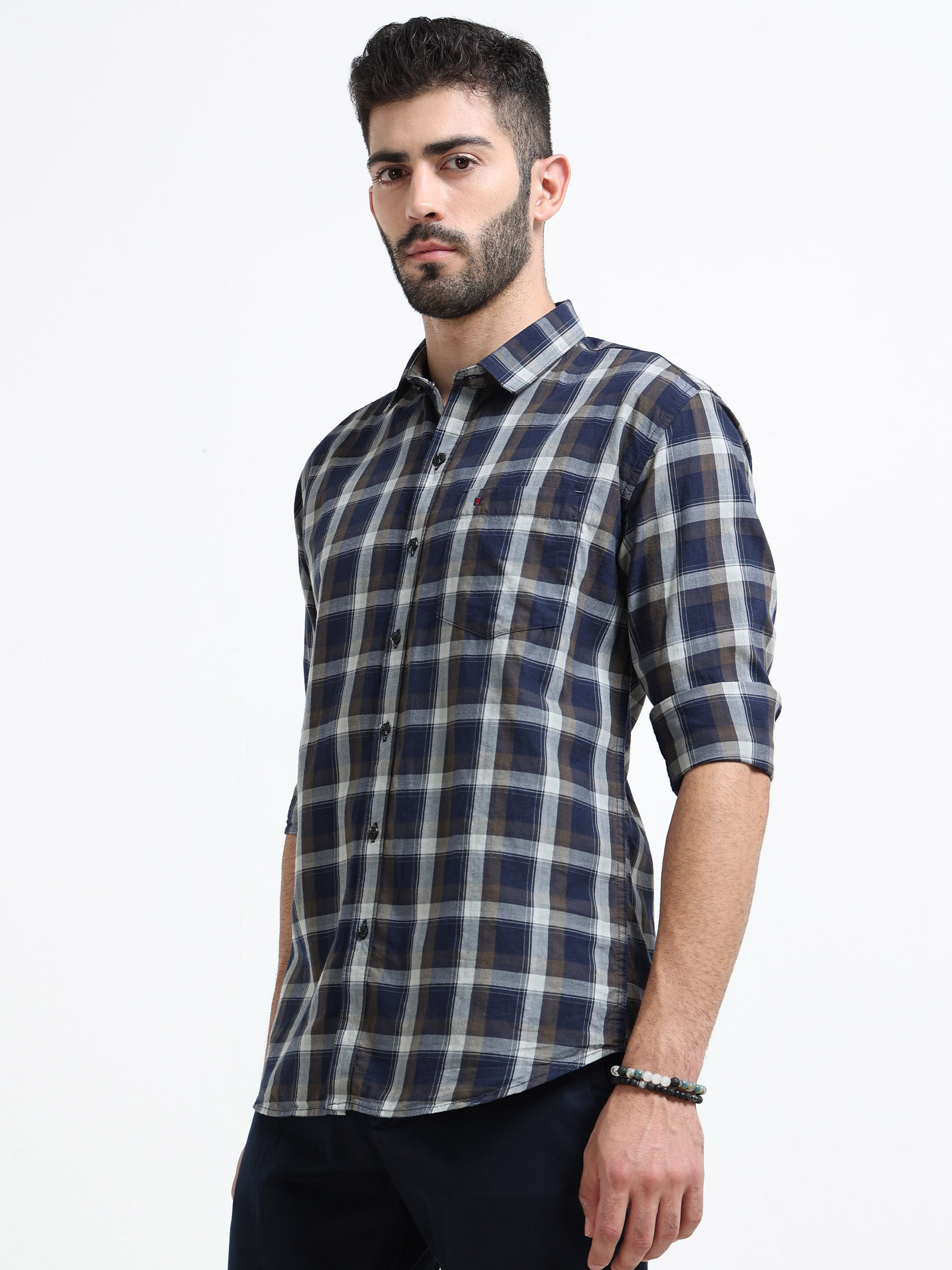 Navy Checks Slim Fit Cotton Casual Shirts