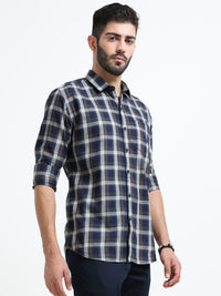 Navy Checks Slim Fit Cotton Casual Shirts