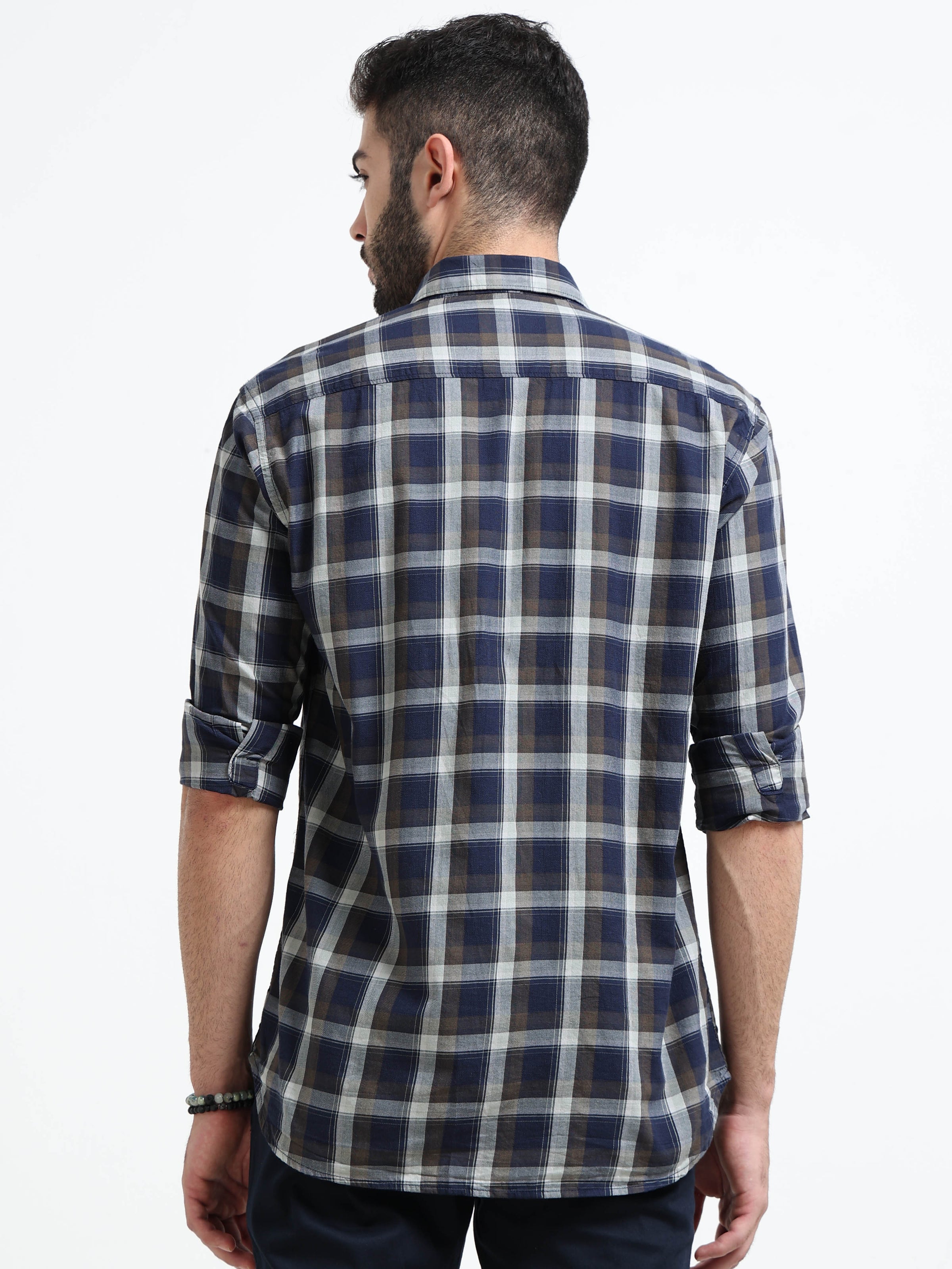 Navy Checks Slim Fit Cotton Casual Shirts