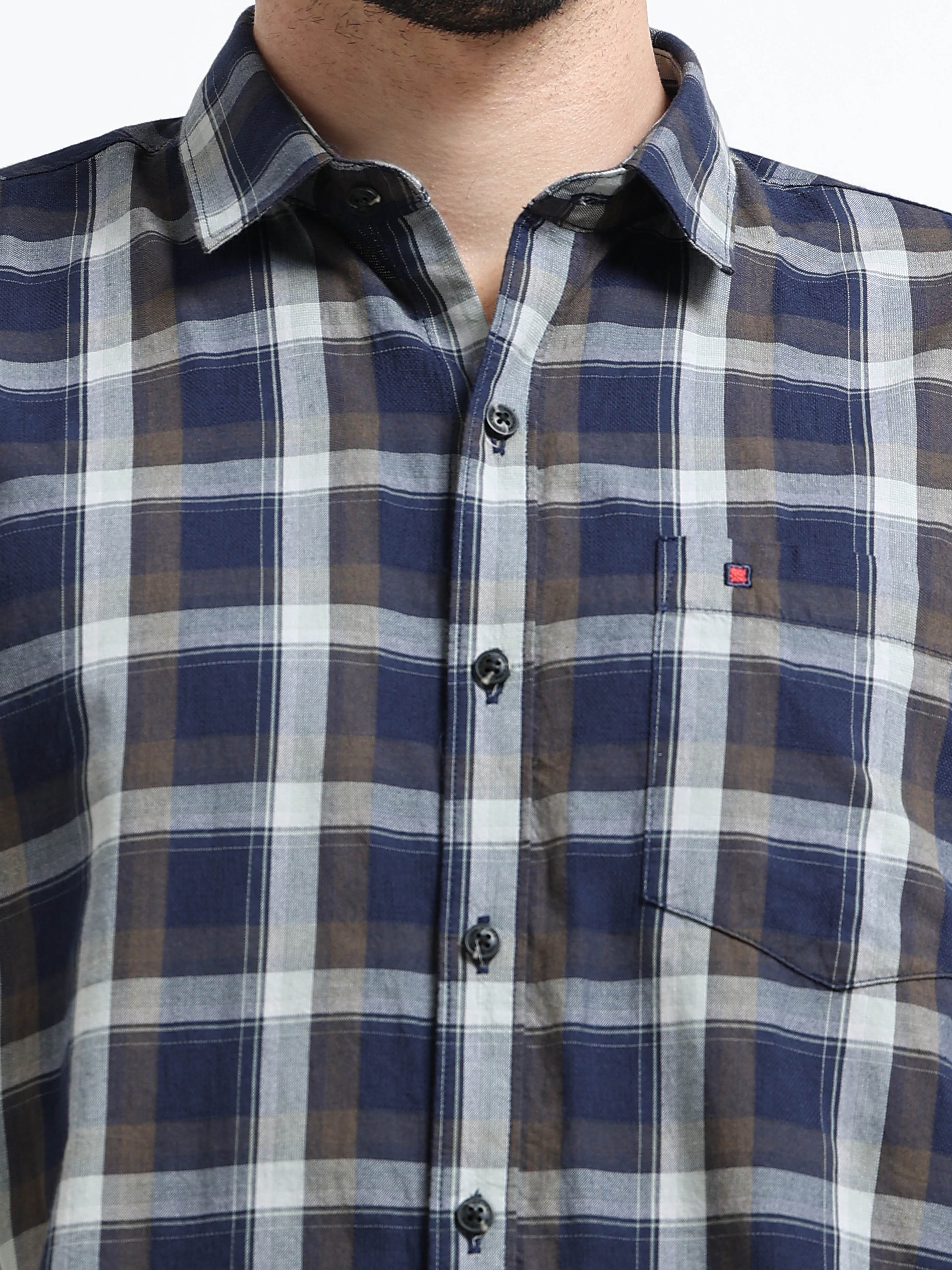 Navy Checks Slim Fit Cotton Casual Shirts