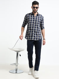 Navy Checks Slim Fit Cotton Casual Shirts