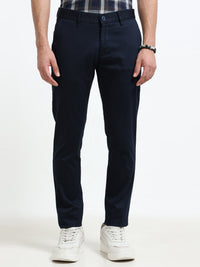 Men Navy Solid Satin With Lycra Ankle Fit Casual Trousers