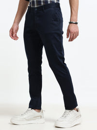 Men Navy Solid Satin With Lycra Ankle Fit Casual Trousers