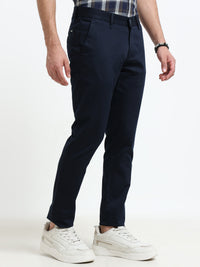 Men Navy Solid Satin With Lycra Ankle Fit Casual Trousers