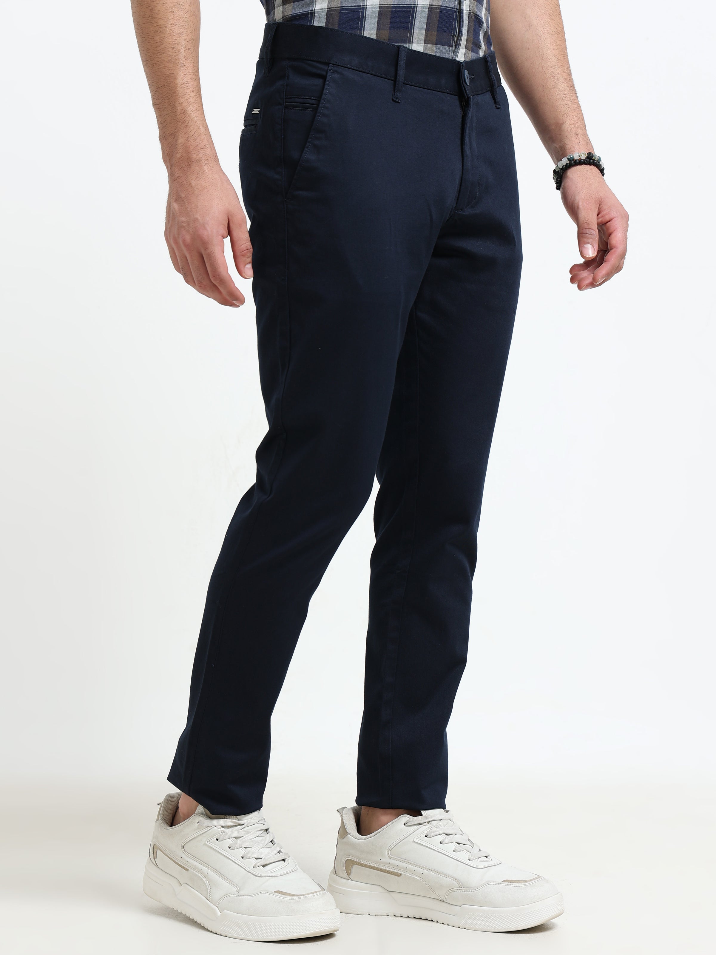 Men Navy Solid Satin With Lycra Ankle Fit Casual Trousers