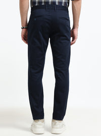 Men Navy Solid Satin With Lycra Ankle Fit Casual Trousers