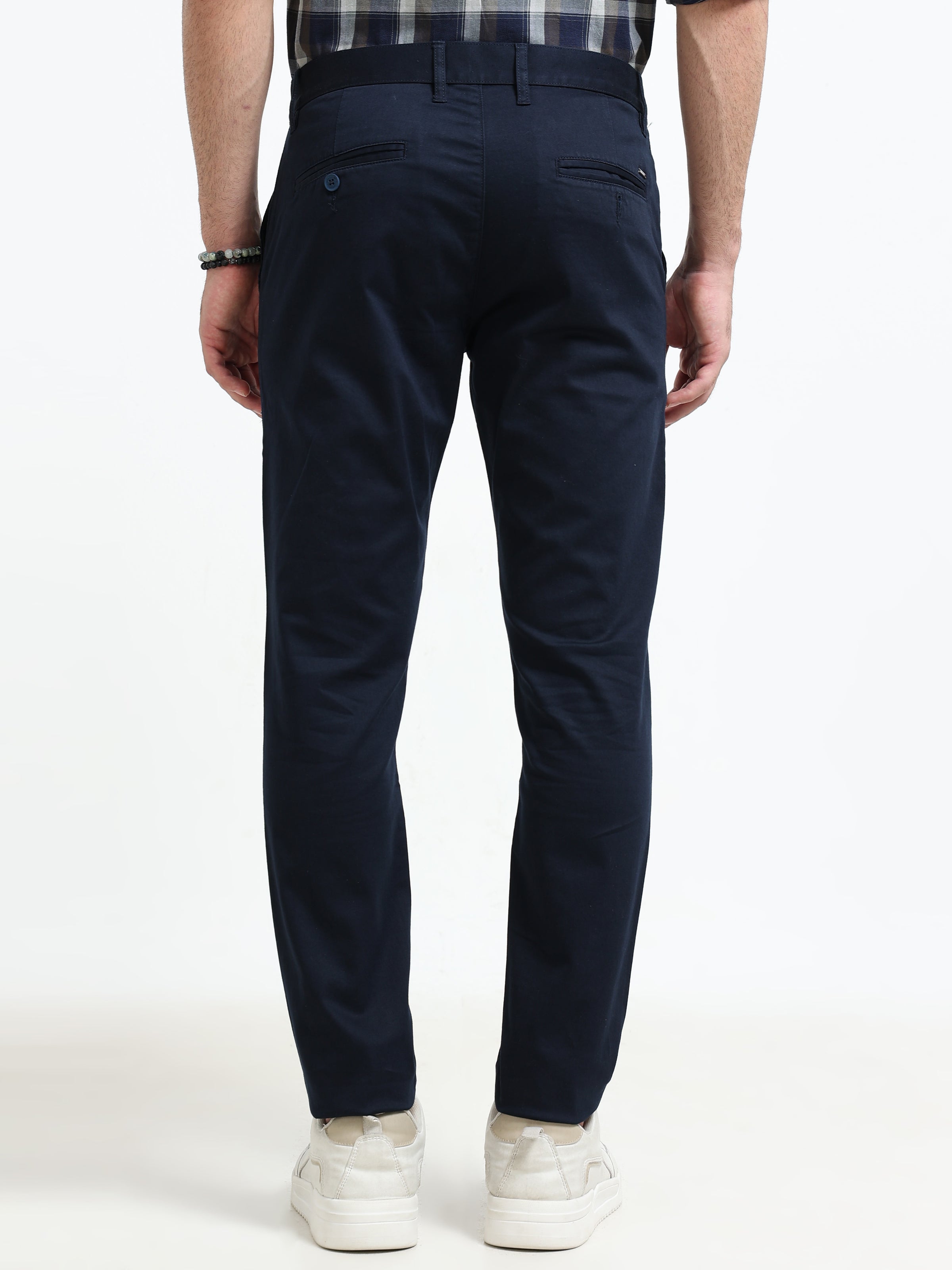 Men Navy Solid Satin With Lycra Ankle Fit Casual Trousers