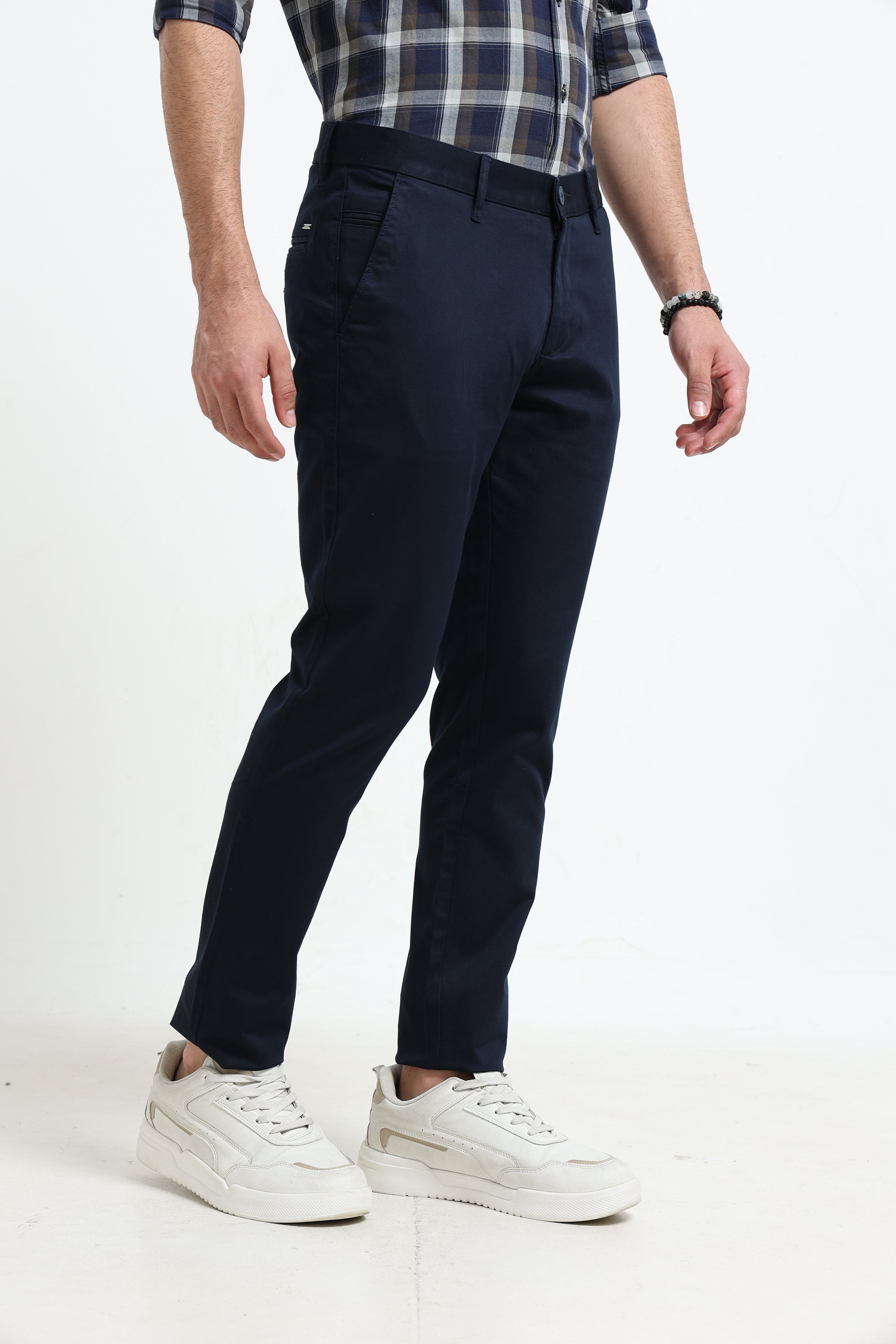 Men Navy Solid Satin With Lycra Ankle Fit Casual Trousers