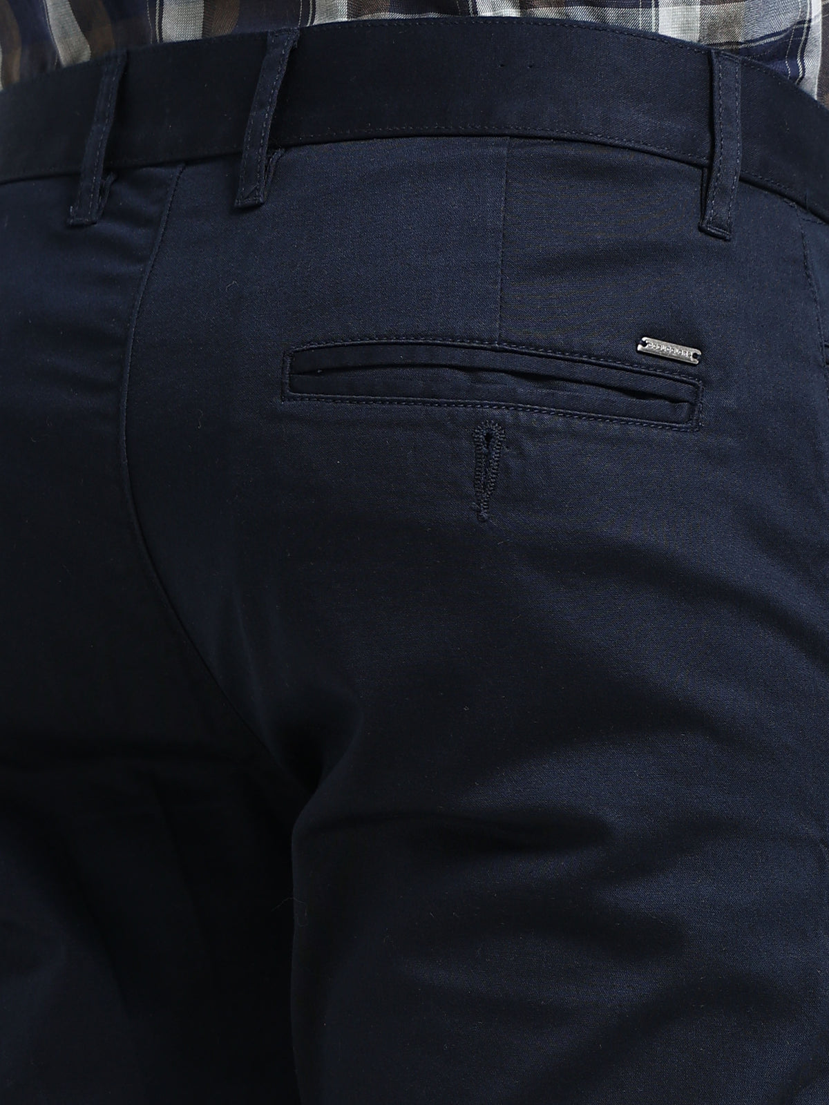 Men Navy Solid Satin With Lycra Ankle Fit Casual Trousers