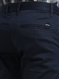 Men Navy Solid Satin With Lycra Ankle Fit Casual Trousers