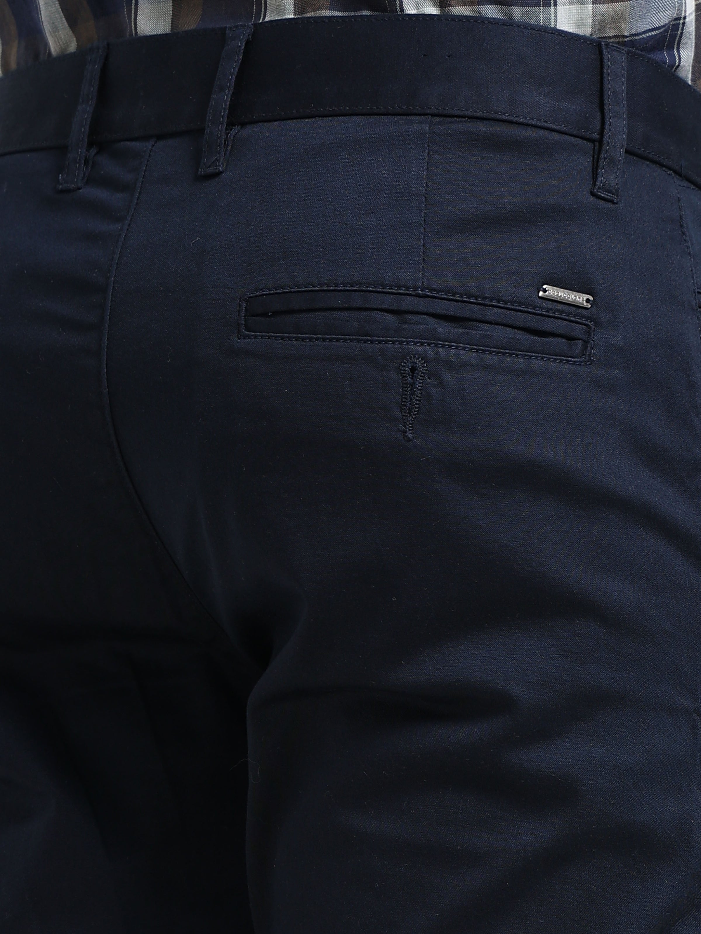 Men Navy Solid Satin With Lycra Ankle Fit Casual Trousers