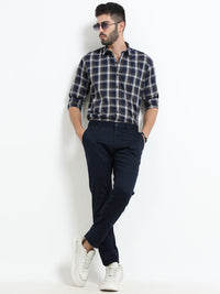 Men Navy Solid Satin With Lycra Ankle Fit Casual Trousers