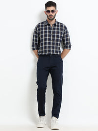 Men Navy Solid Satin With Lycra Ankle Fit Casual Trousers