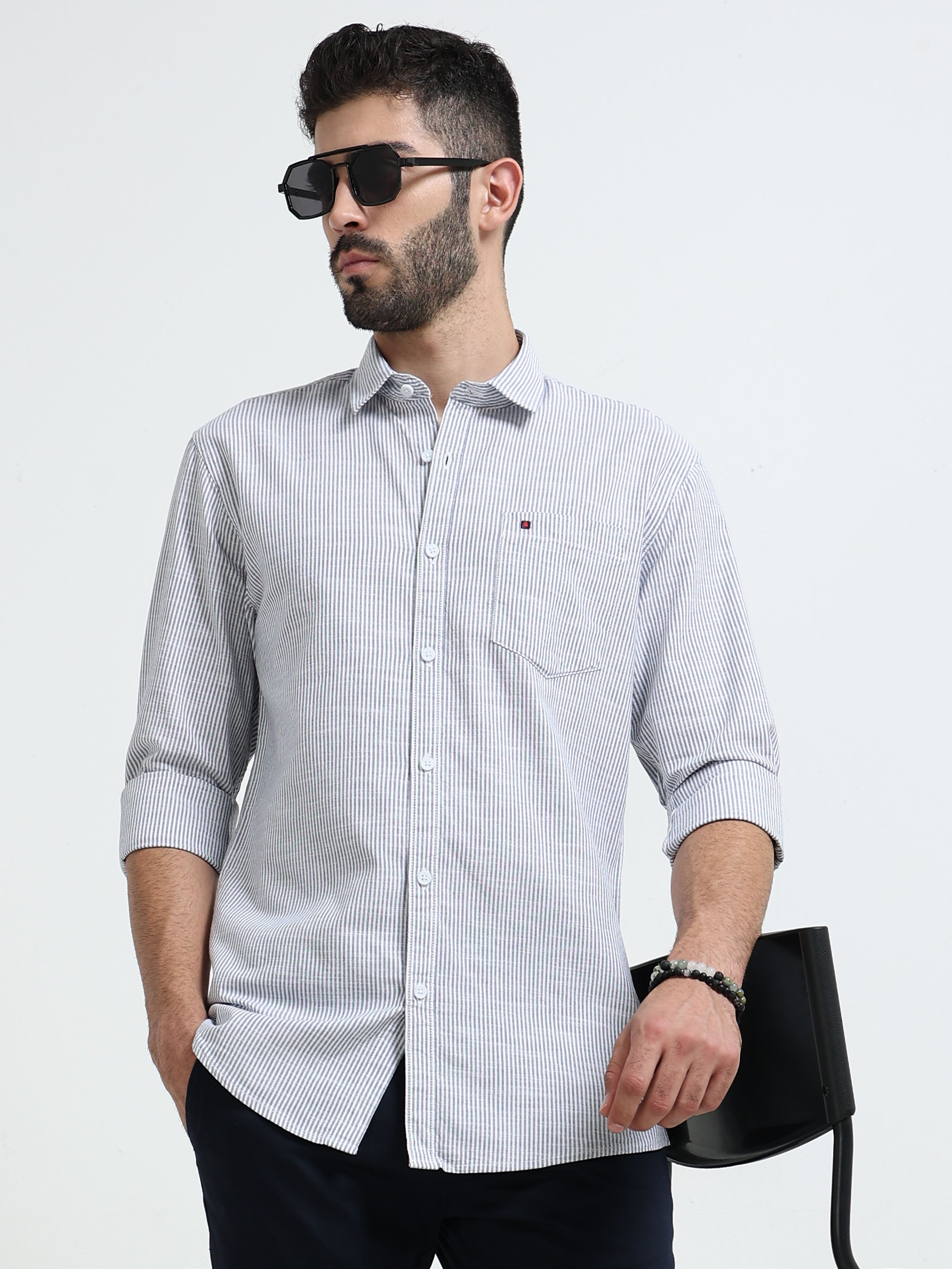 Navy Stripes Slim Fit Cotton Casual Shirts