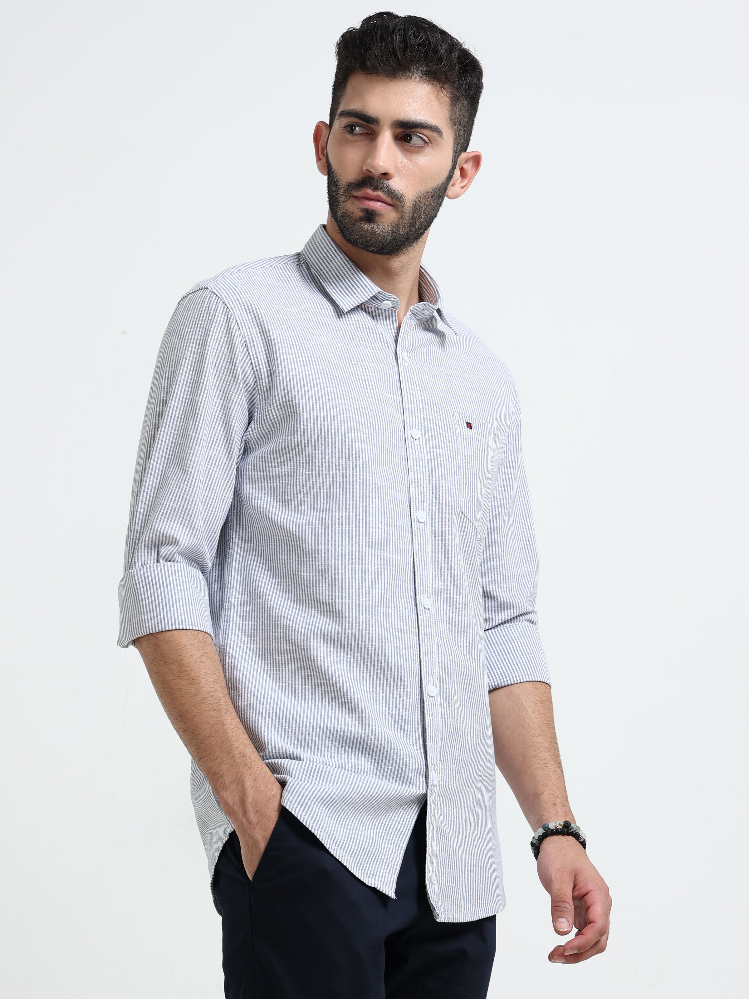 Navy Stripes Slim Fit Cotton Casual Shirts