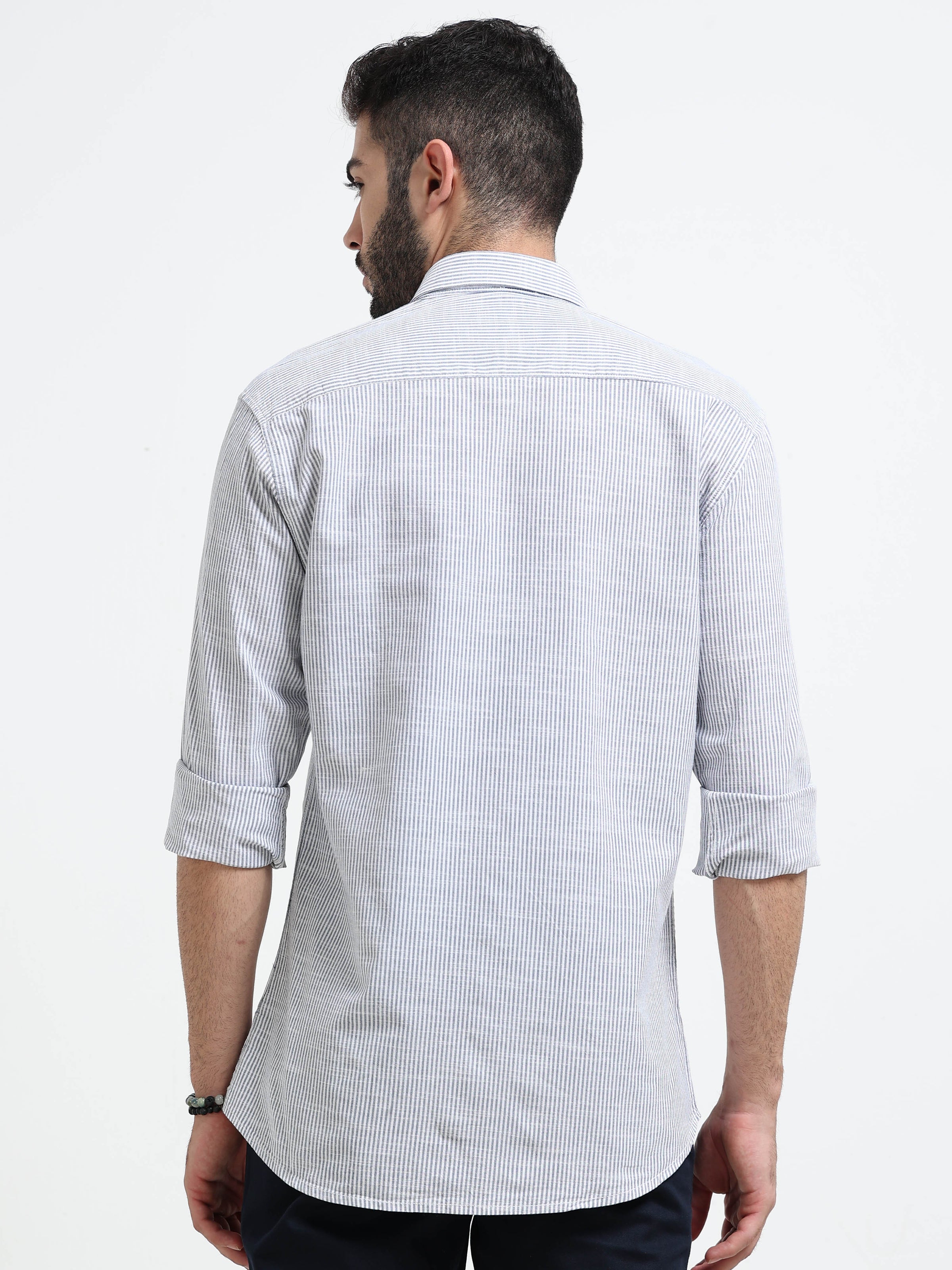 Navy Stripes Slim Fit Cotton Casual Shirts