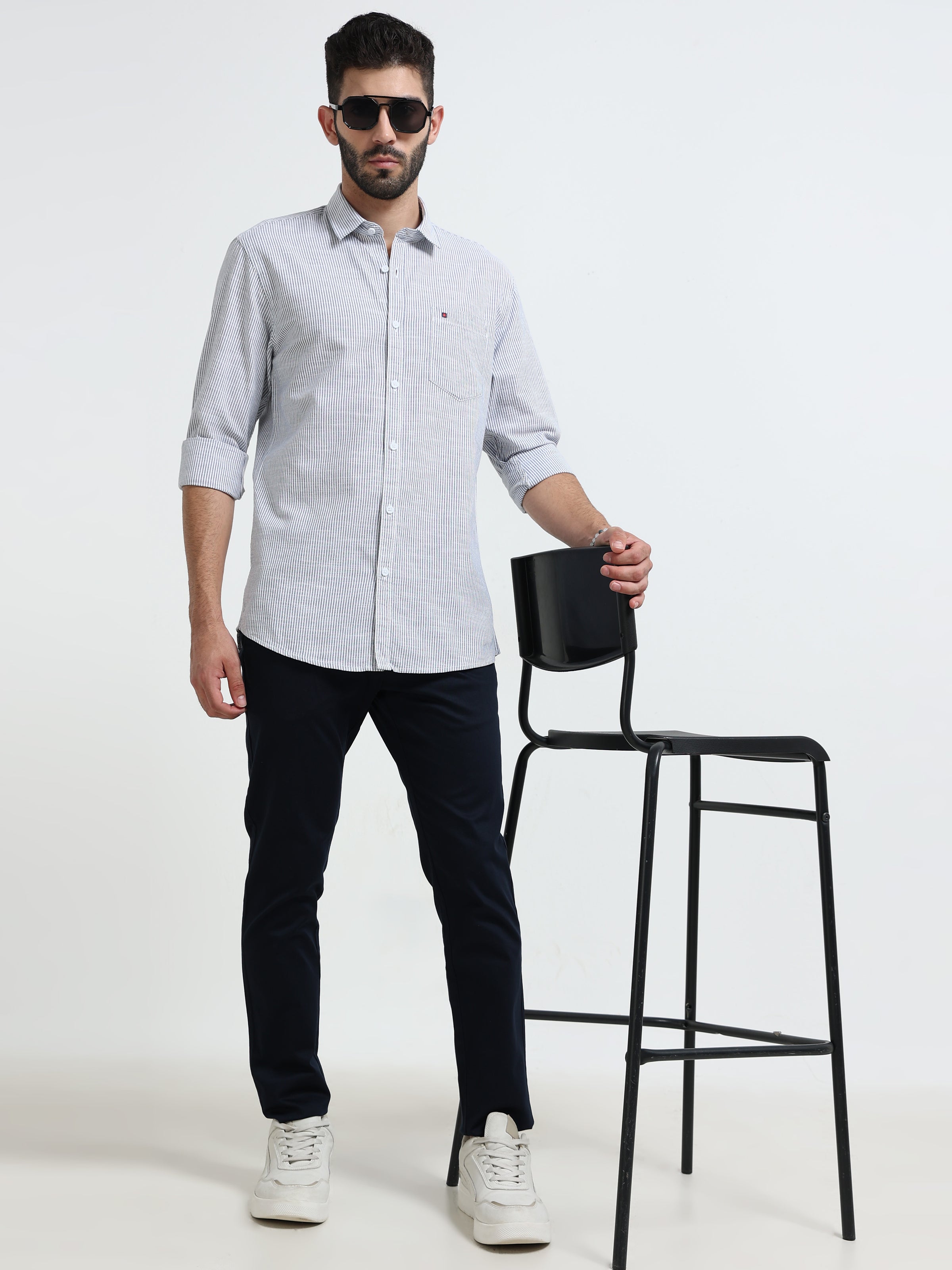 Navy Stripes Slim Fit Cotton Casual Shirts