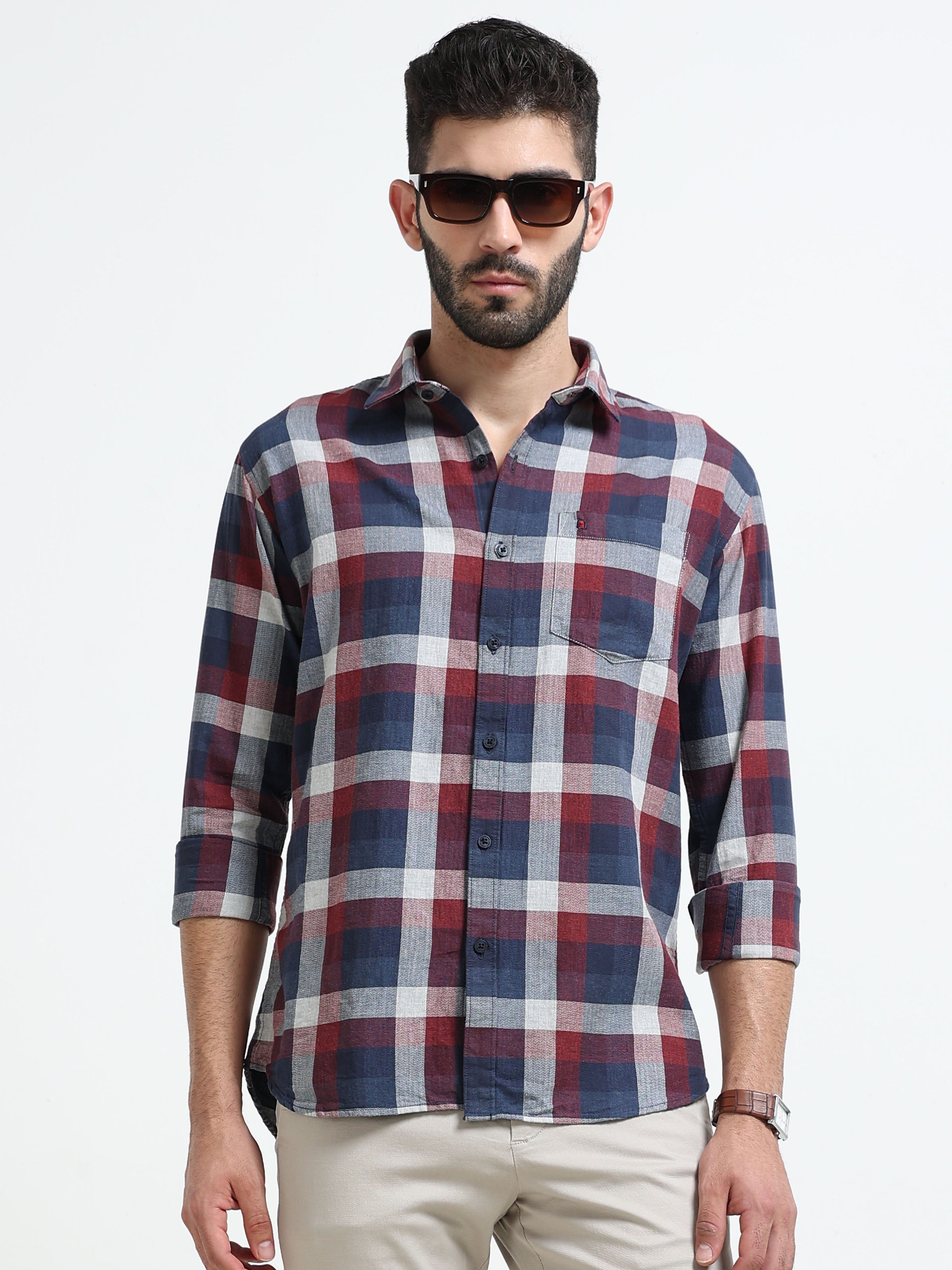 Red Checks Slim Fit Full Sleeves Casual Shirts