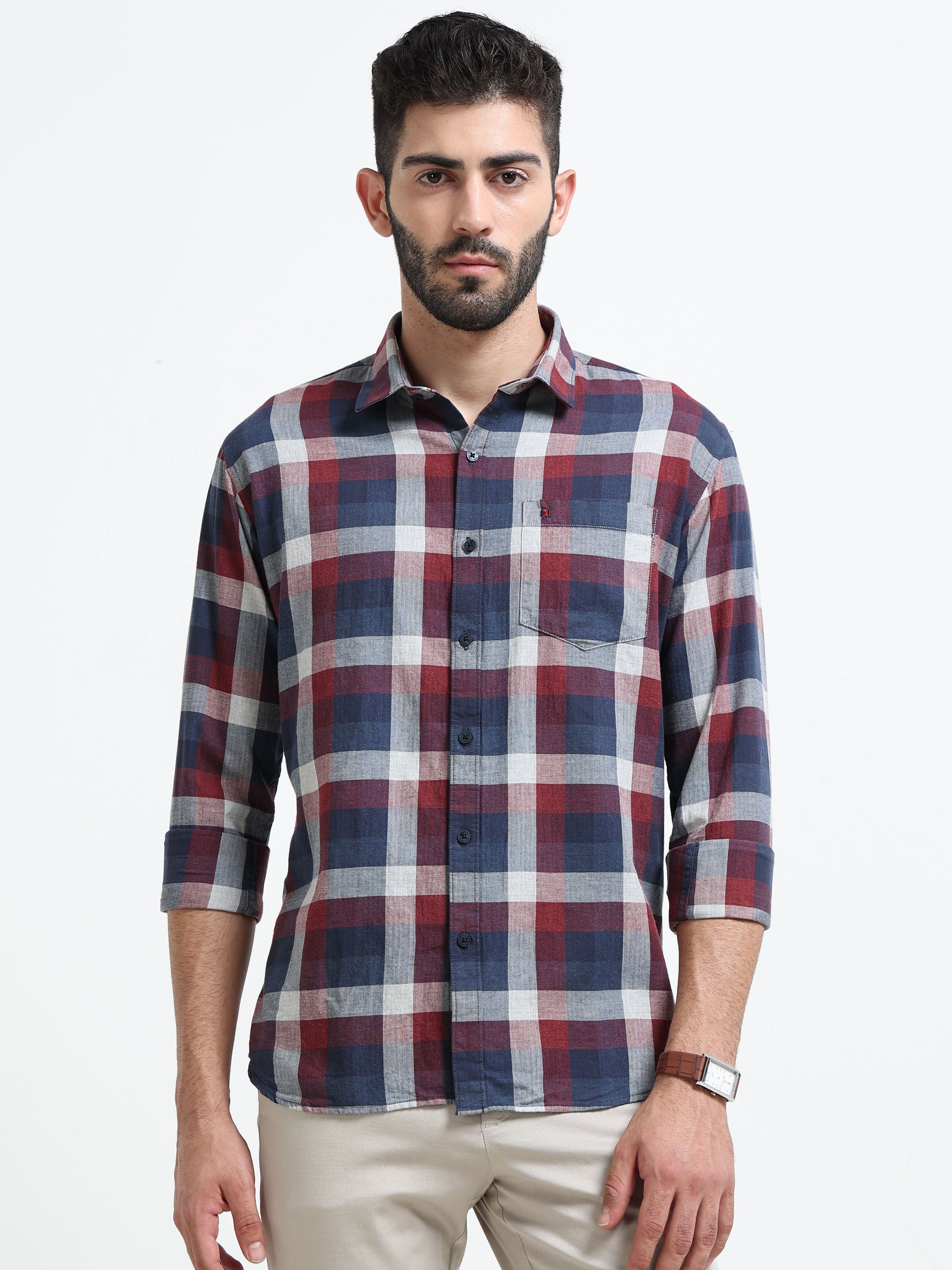 Red Checks Slim Fit Full Sleeves Casual Shirts