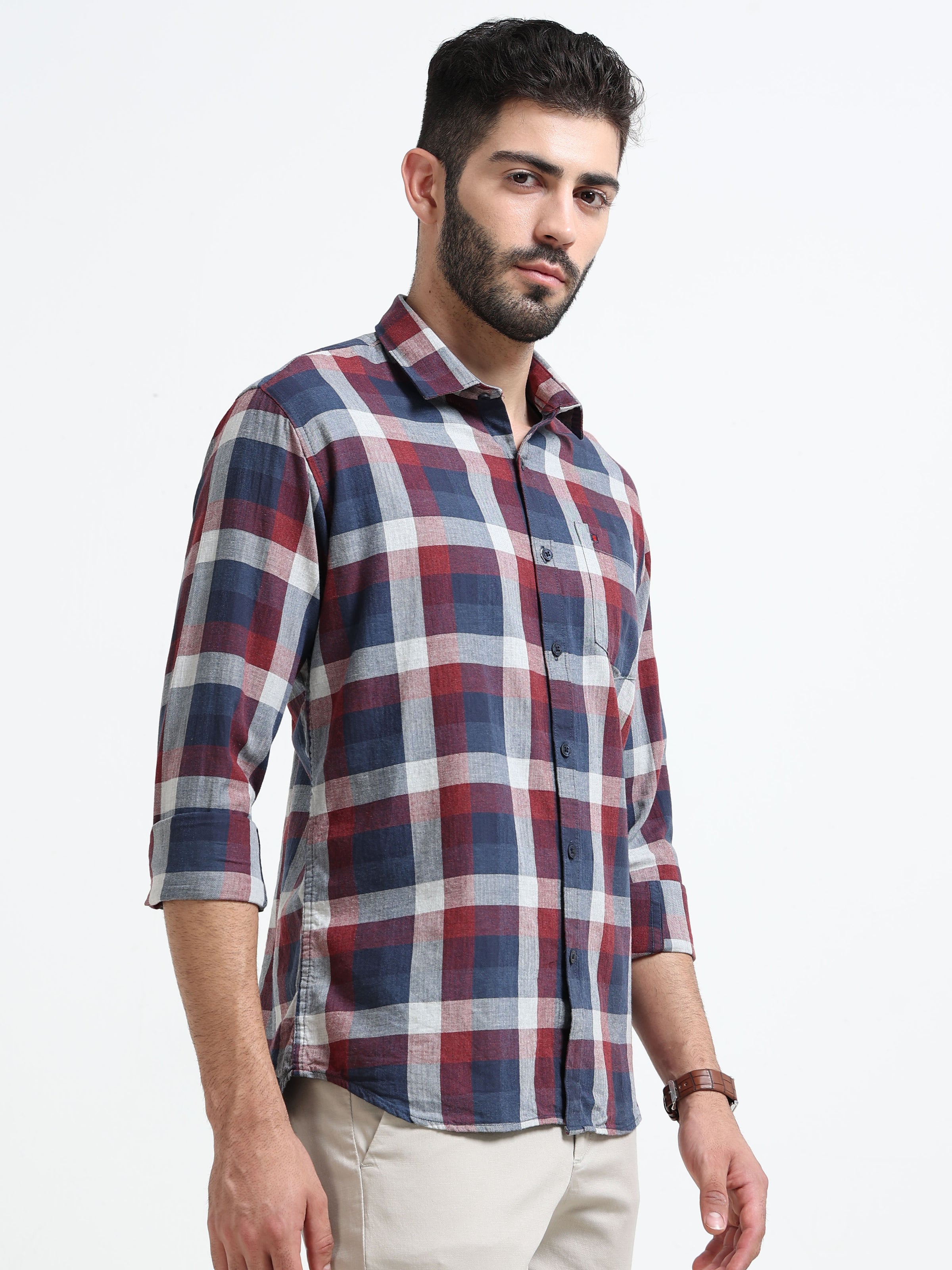 Red Checks Slim Fit Full Sleeves Casual Shirts